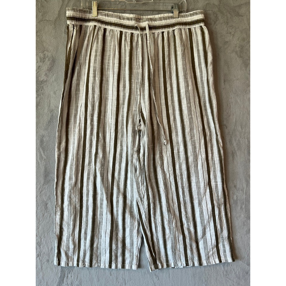 Mlle Gabrielle 2X Women's Striped Linen Blend Wide Leg‎ Cropped Pants